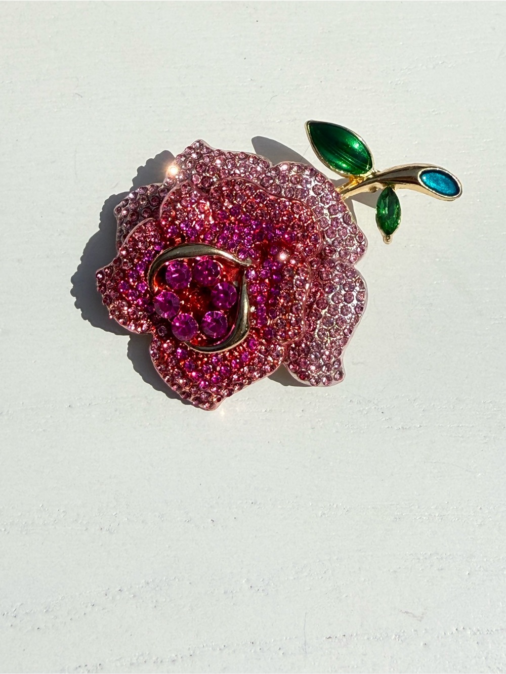Crystal Pink Rose Brooch Pin with Green Enamel Leaves